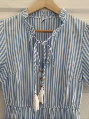 Blue & White Striped Tie-Front Peasant Tunic